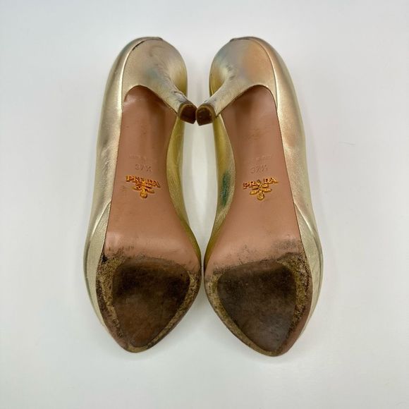 Prada Gold Platform Peep Toe Pump Heels Size 37.5 w/ Original Box Retail $720 - Picture 7 of 11